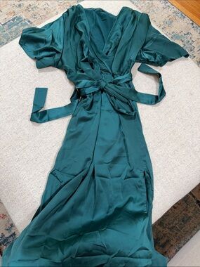 SHEIN Curve Teal Satin Wrap Dress with Tie Waist
